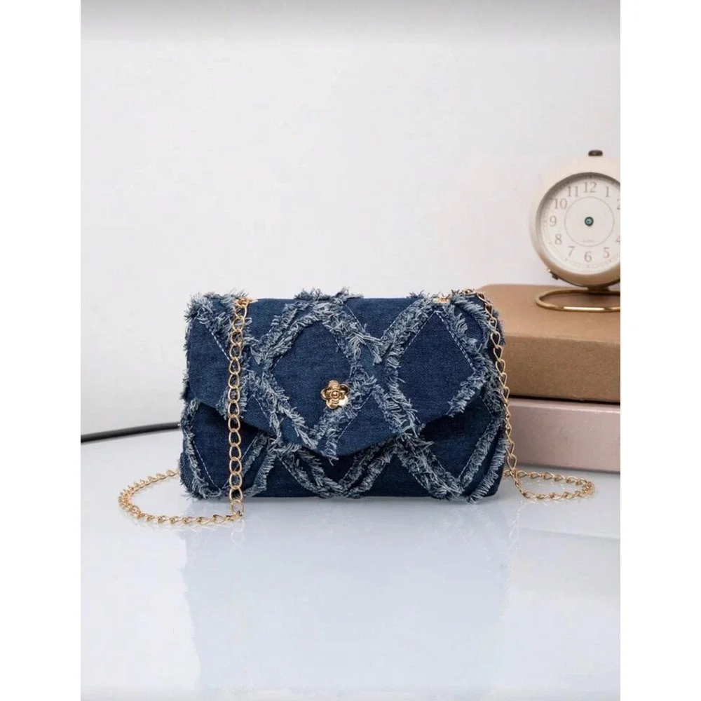 Distressed Denim Crossbody Bag Blue Quilted Frayed‎ Chain Strap Purse